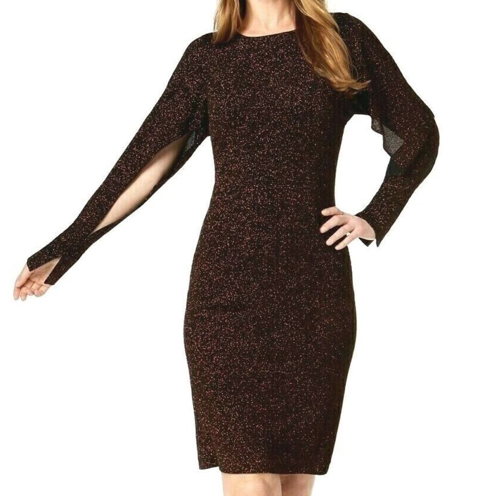 Calvin Klein Women's Black Copper Split Dolman Sleeve Sparkle Dress Size 12